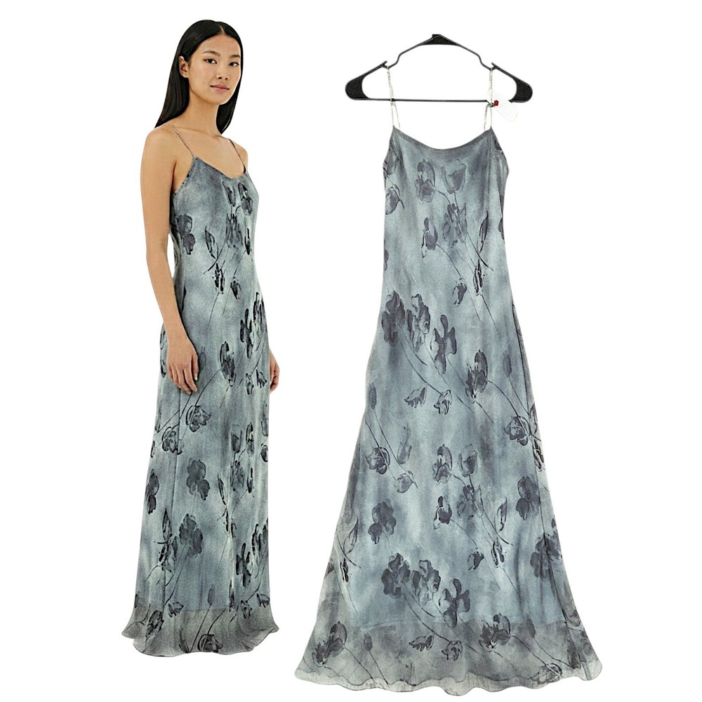 Vtg Scott McClintock Maxi Dress 6 90s Fairy Ethereal Blue Gray Floral Beaded 58"